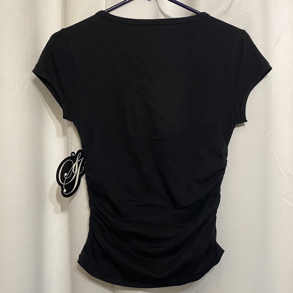 SEAN JOHN Black Top Logo w/Rhinestone Details Cap Sleeves Size Medium Blouse NWT - Picture 3 of 8